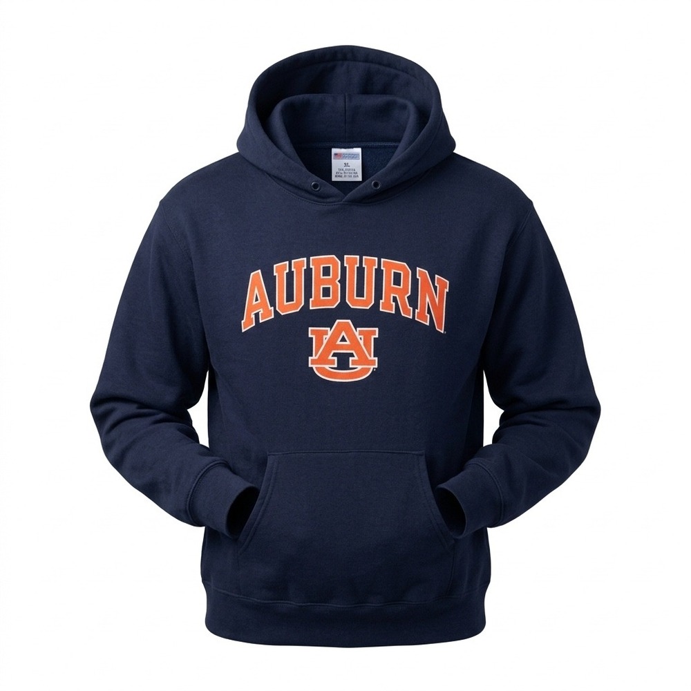 Y2K Champion Auburn Tigers Hoodie Mens Large Navy Blue Orange Graphic Sweatshirt